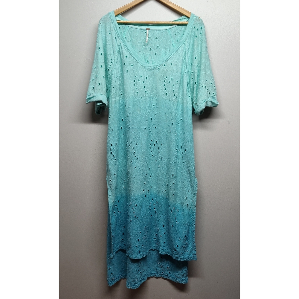 Free People Shirt Dress Women Size M Blue Ombre Eyelet Embroidery Beachy Boho